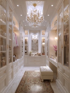 HAIYUE <span class=keywords><strong>Dressing</strong></span> Luxe Blanc Crème Sculpté Style Rococo : Finition Dorée Personnalisée Verre+LED et Meuble Coiffeuse pour Projets de Villas Privées de Luxe - Product Image 1