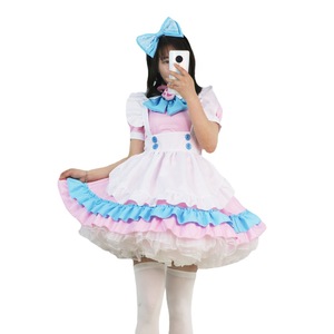 Lolita Dress Pink Blue Maid Style A-Line Elastic Waist Peter Pan Collar Party Casual Dress With Big Bow Contrast Color Woven - Product Image 5