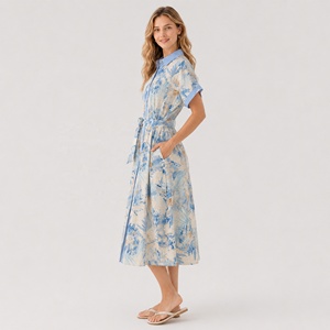 <span class=keywords><strong>Abito</strong></span> chemisier lungo professionale in <span class=keywords><strong>lino</strong></span> blu con stampa floreale da donna, a maniche corte, abbottonato, con tasche e cintura, ecologico - Product Image 3