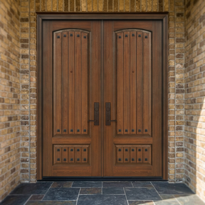 Porte d'entrée double en bois traditionnel avec panneaux verticaux et finition antique pour usage résidentiel - Product Image 2