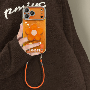 Nuova custodia per telefono con laccetto e motivo floreale <span class=keywords><strong>arancione</strong></span> effetto ghiaccio per <span class=keywords><strong>iPhone</strong></span> 17 16 15 Pro Max, con cornice glitterata argentata per la protezione della lente - Product Image 1