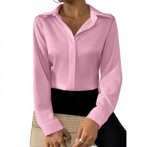 Women's Loose Fit Vintage Spring Casual Eco-Friendly Satin Polyester Long Sleeve Shirt <b>Blouse</b> & Collection with Front Logo - Product Image 3