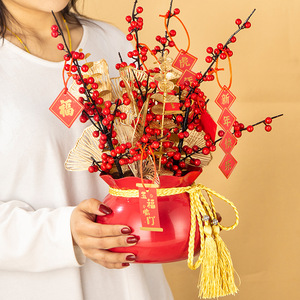 Fleurs artificielles, baies rouges, houx, arrangement du Nouvel An chinois, décoration festive faite à la main pour la maison ou en cadeau - Product Image 4