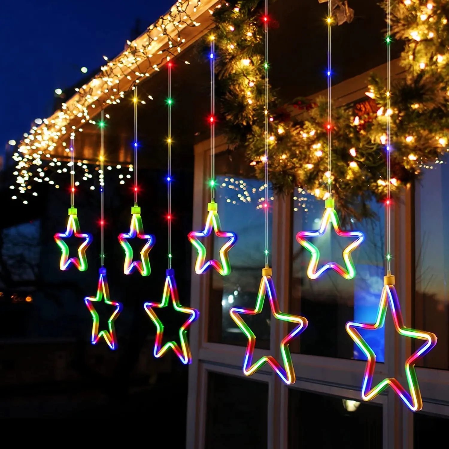 Best Seller Holiday Waterfall Wedding Fairy Twinkle Star Icicle Window Curtain Light Christmas Neon Star Led Curtain Lights