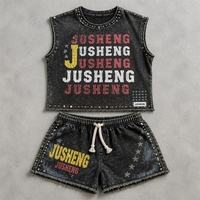 Ensemble débardeur et short de sport pour homme, délavé à l'acide, personnalisé avec strass sérigraphiés