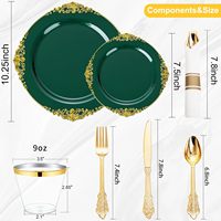 Ensemble de vaisselle en plastique vert et or sans BPA pour 50 invités, comprenant 100 assiettes jetables, 150 couverts, 50 gobelets et 50 serviettes