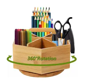 Bamboo Art Supply Organizer, Rotating Pencil Pen Holder with 6 Compartments