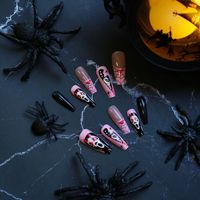 Faux ongles à presser carrés longs rose pastel et noir pour Halloween, avec motifs Ghost Face, toile d'araignée et couteau, Fournitures pour ongles