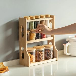 ชั้นวางเครื่องเทศไม้ไผ่สำหรับวางบนเคาน์เตอร์ห้องครัวพร้อมขวดโหลแก้ว - Product Image 5