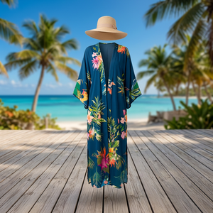 Caftán de Verano Estilo Boho Chic, Traje de Baño con Estampados Inspirados en la Naturaleza, Transpirable, de Secado Rápido, Diseño Asimétrico, Largo Midi - Product Image 3