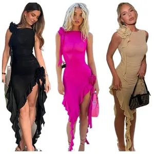 2023 New Arrivals Trending Ladies Sleeveless Ruffle Asymmetrical Hem Party Mesh Dress See Through Sexy Transparent