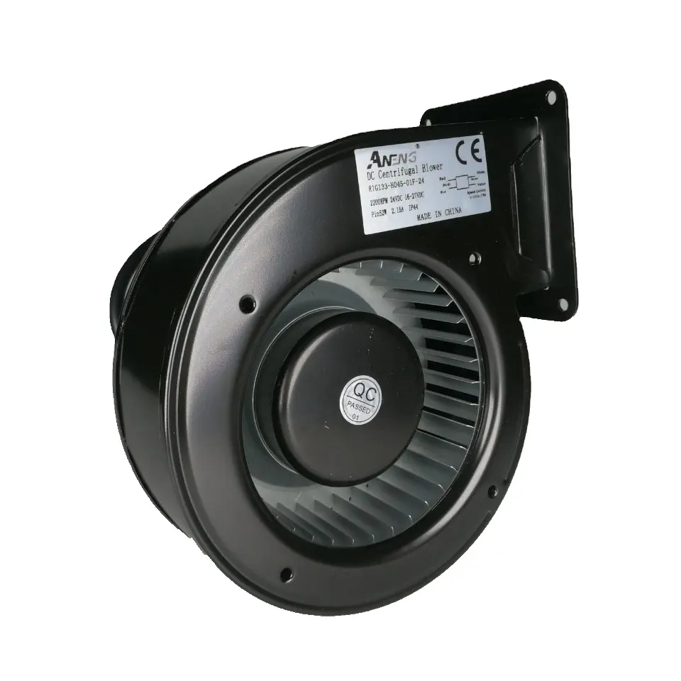 Ventilador centrífugo curvado para frente de 250 mm 220V DC lâminas de plástico e aço inoxidável para correntes elétricas 12V 24V 48V