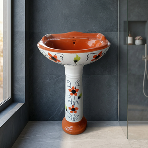Vinus Aqua Blue Flower Printed Ceramic Wash <b>Basin</b> with Full Pedestal New Model Bathroom - Product Image 2