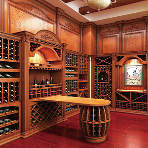 Cave à vin de luxe sur mesure en chêne massif avec design de panneaux modernes, système de rangement intégré pour bouteilles et comptoir de bar central pour villa - Product Image 2