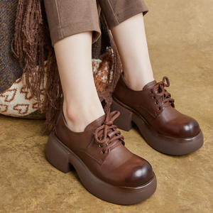 Chaussures basses pour femme en cuir véritable, style britannique, à bout rond, à lacets, légères, à plateforme et à talon compensé, pour l'automne - Product Image 5