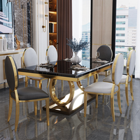 Ensemble table et chaises de salle à manger 6 places, style européen moderne, plateau carré en pierre de luxe légère, pieds en métal, pour hôtel, villa et petits appartements