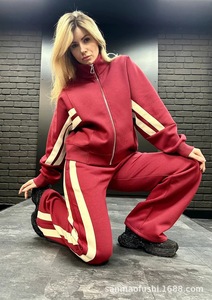 Tuta <span class=keywords><strong>Sportiva</strong></span> da <span class=keywords><strong>Donna</strong></span> a Righe con Zip, Completo 2 Pezzi, Felpa Corta a Maniche Lunghe e Pantaloni Larghi, Tuta Casual <span class=keywords><strong>Sportiva</strong></span> per Uso Quotidiano - Product Image 2