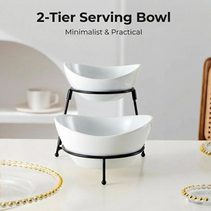 Plateau à 2 niveaux en porcelaine blanche de 6 à 7,5 pouces avec support en métal noir, résistant à la chaleur, pour apéritifs, fêtes, mariages, maison et cuisine - Product Image 1