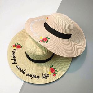 Factory Wholesale Floable Natural <b>Flat</b> Brim Straw <b>Hat</b> Handmade Embroidery Straw <b>Hat</b> - Product Image 2