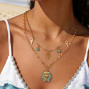 Collier CYNYA en acier inoxydable avec chaîne en bambou, style superposé, buste <span class=keywords><strong>de</strong></span> pharaon égyptien, <span class=keywords><strong>croix</strong></span> <span class=keywords><strong>Ankh</strong></span>, plaqué or 18 carats, unisexe - Product Image 1