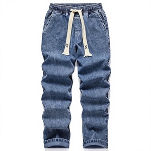 Jean cargo délavé bleu clair pour homme, coupe droite, taille élastique, 100 % coton, style streetwear décontracté, pantalon à cordon de serrage, vintage - Product Image 1
