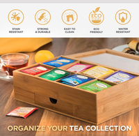 Boîte de rangement à thé en bambou naturel avec couvercle en verre et tiroir, organiseur de sachets de thé en bois à 8 compartiments pour comptoir de cuisine
