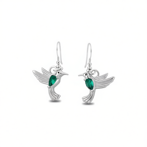 Orecchini Pendenti in Argento Tibetano con Colibrì e Smeraldo Taglio a Pera, Montatura a Castone, Gioielli da Donna Stile Romantico - Product Image 1
