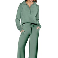 Ensemble 2 pièces décontracté pour femme : Sweat-shirt demi-zip et pantalon large – Tenue de détente et survêtement