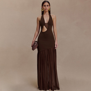 เดรสยาวคอ halter พร้อมดีไซน์เว้าและชั้นผ้าซีทรูสำหรับใส่ในงานกลางคืน - Product Image 3