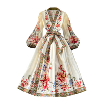Robe longue élégante à imprimé floral vintage pour femme, manches bouffantes, taille lacée, style court, robe midi pour soirée printemps