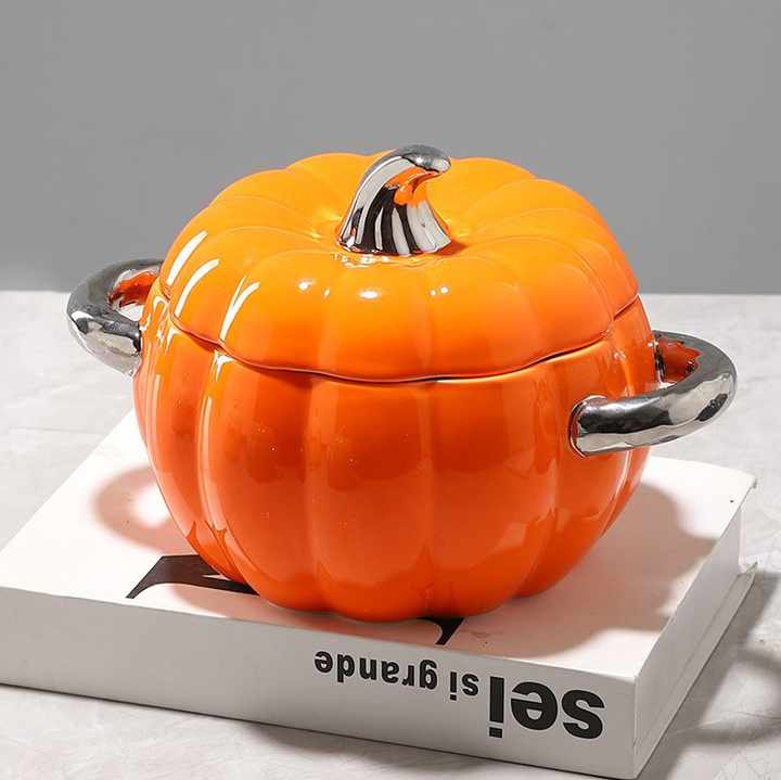 Double Ear Ceramic Pumpkin Dessert Bowl Home Kitchen Children's Steamed Egg Salad with Lid Ceramic Baking Bowls