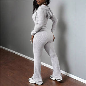 Зимний новый повседневный комплект из двух предметов: вязаный спортивный костюм в рубчик для женщин, однотонный, с длинными рукавами, худи на молнии + узкие брюки - Product Image 2