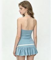 Robe mini moulante pour femme avec col halter, bordure en perles, taille froncée, ourlet à volants et ceinture