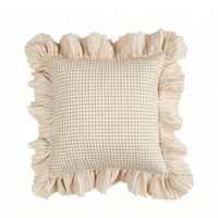 Französischer Landhausstil Zweifarbiger Gingham-Kissenbezug mit Rüschenrand 18x18 Zoll Natürliche Baumwolle Leinen Quadratischer Dekorativer Kissenbezug
