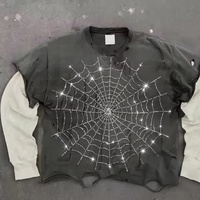 Camiseta Personalizada de Manga Larga, Doble Capa, Transpirable, 300GSM, 100% Algodón, con Gráficos de Pedrería, Estilo Urbano, para Hombre