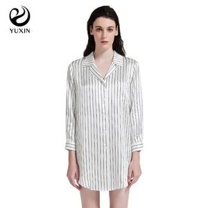 19mm 스트라이프 100% 실크 셔츠 드레스 뮬/베리 실크 헤비 웨이트 실크 잠옷 클래식 스타일 스톡 여성 잠옷 - Product Image 2
