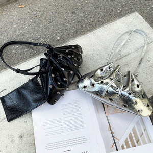 Women's Vintage Motorbike-Themed <strong>Drawstring</strong> Shoulder <strong>Bag</strong> <strong>Eyelets</strong> Hollow Crossbody Commuting Tote Dumpling Ruched Rivets Chain - Product Image 2