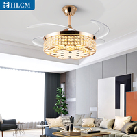 Lampu Plafon LED Kristal Retractable 6 Kecepatan, Kontrol Jarak Jauh, Motor DC Tembaga Nordik, Warna Emas, Pengatur Waktu, Modern Mewah untuk Kantor Rumah
