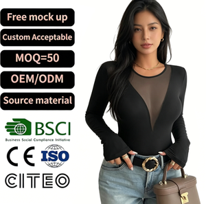T-shirt sexy à col en V profond en maille à manches longues pour <span class=keywords><strong>femme</strong></span>, style Y2K, streetwear, club, soirée, top moulant, logo personnalisé, été, respirant, décontracté - Product Image 1