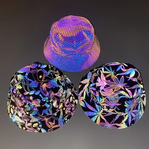 polyester mushroom scale leaf printed modern outdoor gym sports adult iridescent reflective bucket sun hat nightclub hip-hop cap