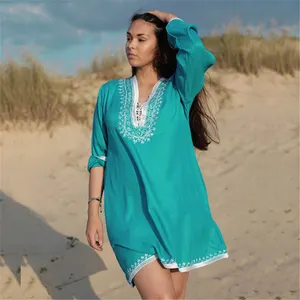 Blaue Langarm Frauen Hemden Blusen Plus Size Maxi kleider Muslim Kaftan