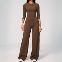 Haut court extensible à manches trois quarts et pantalon de yoga évasé à jambes larges pour femme, ensemble 2 pièces, tenue décontractée pour tous les jours, vêtements de sport