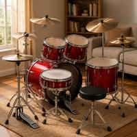 EARTHGRACE DW1 Batterie de percussions robuste réglable 5 pièces rouge avec 2 cymbales en alliage et coquilles en peuplier 10 12 14 16 22 pouces