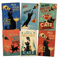 Plaque en métal vintage « Black Cat Cocktail Bitters », panneau amusant en métal, style rustique rétro pour cuisine, café, bar à domicile, décoration murale