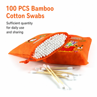 100 bâtonnets de coton en bambou à double extrémité ronde, jetables, emballés dans une pochette non tissée à cordon pour usage domestique quotidien