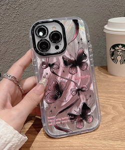 Funda Minimalista para Teléfono con Diseño de Mariposa Rosa y Negra para iPhone 17 Air 15 14 12 13 16 Pro Max, Cubierta Trasera Antigolpes de Hilo de Pluma - Product Image 5