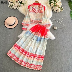 Nuovo romantico elegante due pezzi Set <span class=keywords><strong>abbigliamento</strong></span> donna intagliate stampa <span class=keywords><strong>Chic</strong></span> Top corto elastico vita alta grandi gonne Midi - Product Image 5