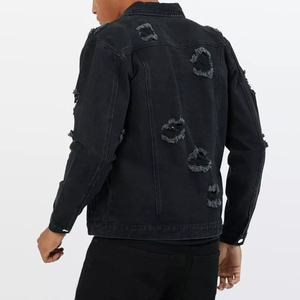 Chaqueta vaquera con cuello vuelto informal, ropa de calle de color sólido negro rasgado a la moda personalizada - Product Image 4