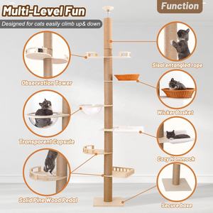 ต้นไม้แมวแบบตั้งพื้นถึงเพดาน 7 ชั้น หอคอยแมวอเนกประสงค์ ปรับความสูงได้ ทำจากไม้ - Product Image 5