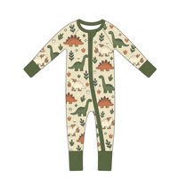 Combinaison bébé personnalisée à imprimé feuilles de dinosaures, manches longues, fermeture éclair bidirectionnelle, en bambou, unisexe, douce, pyjama pour nourrissons, antibactérienne